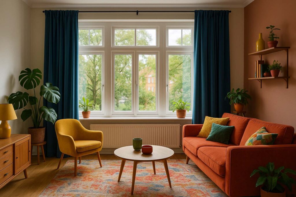 foto van een woonkamer met velours gordijnen